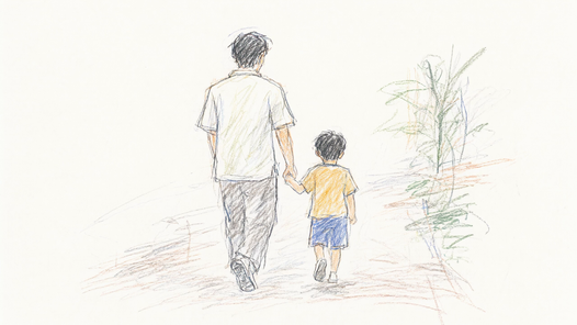 Pencil drawing: a father and his small son walking away hand in hand along a sunlit wall, one green plant at the right.